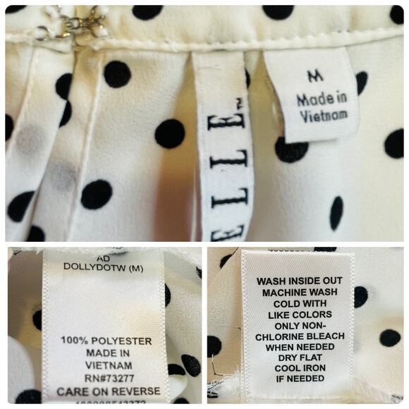 Elle White Black Polka Dot Ruffle Bodice Long Sleeve Sheer Chiffon Blouse M - Picture 8 of 9